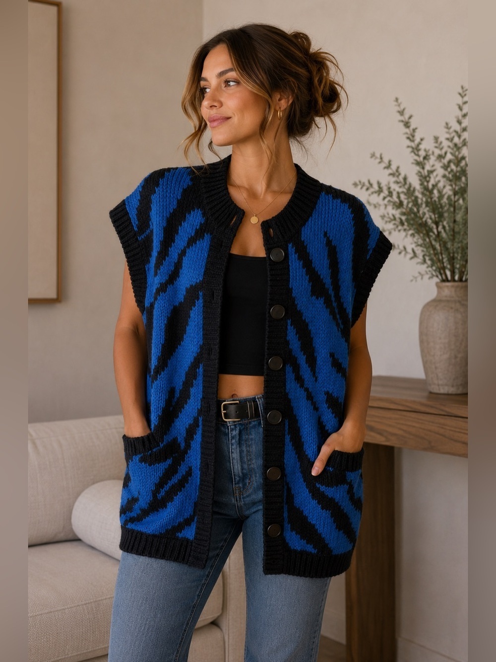 Blue and Black Handknit Zebra Cardigan Sweater Size L XL Y2K Chunky Oversized